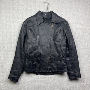Bullmaster Leather Motorcycle Belted Biker Jacket Café Racer Black Women Sz M